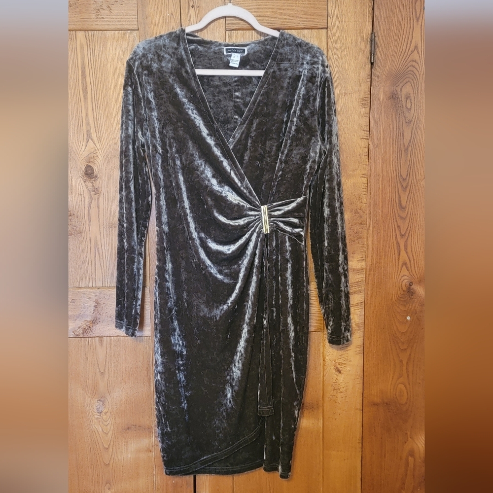 Crushed Velvet Long-Sleeve Faux-Wrap Disco Dress - Dark Olive